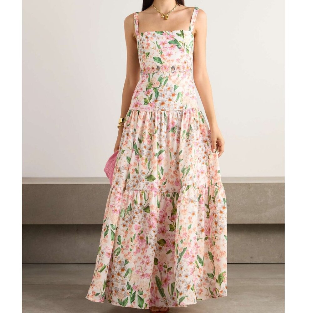 Agua By Agua Bendita lima jardiniera' floral-print linen maxi dress